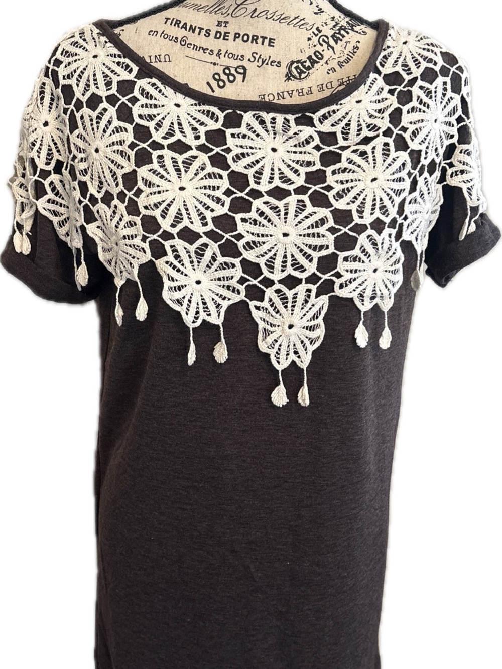 Peppermint Dark Brown Mini Dress with White Crochet Yoke